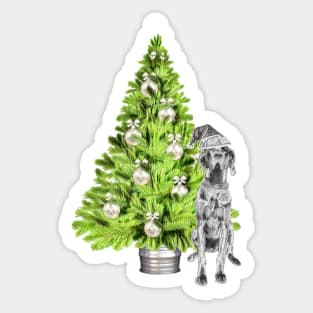 Great Dane Christmas Scene with Christmas tree and Santa hat. Sticker